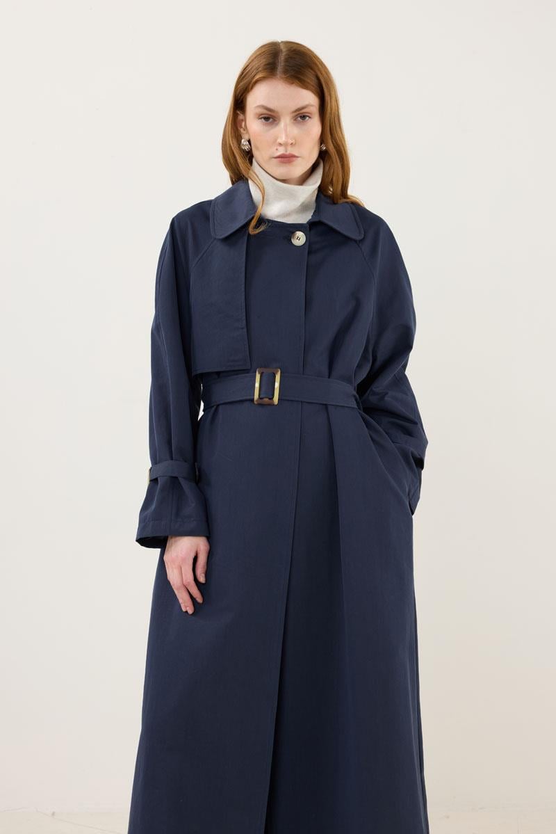 Kemik Tokalı Trençkot Lacivert