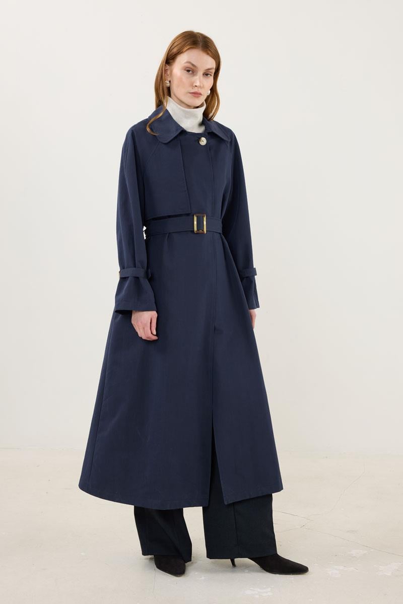 Kemik Tokalı Trençkot Lacivert