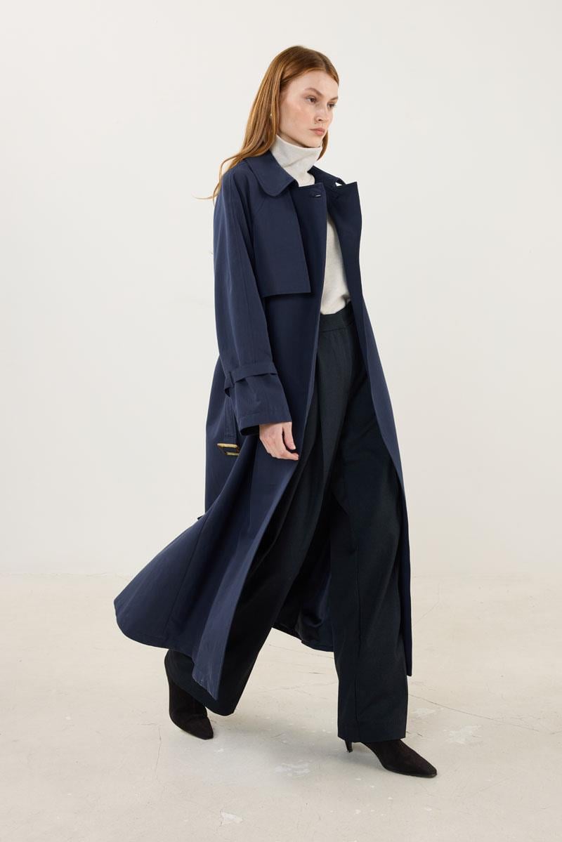 Kemik Tokalı Trençkot Lacivert