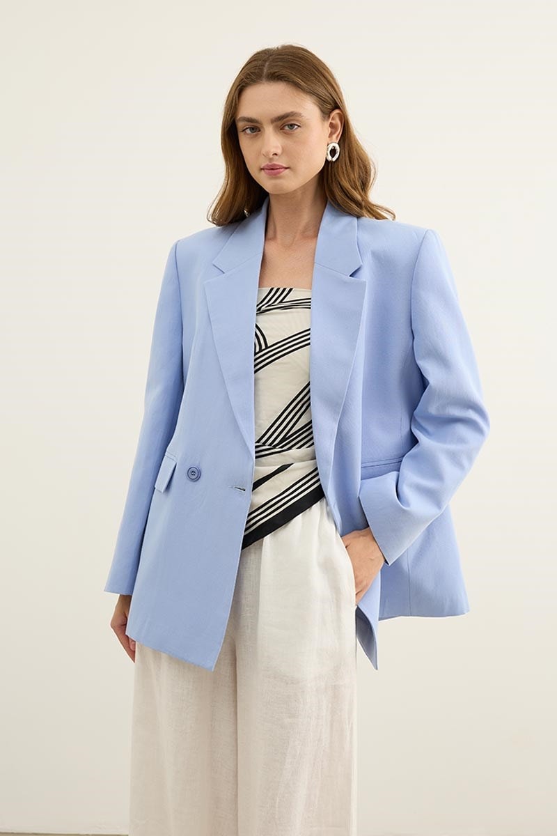 Keten Karışımlı Blazer Ceket Bebek Mavisi