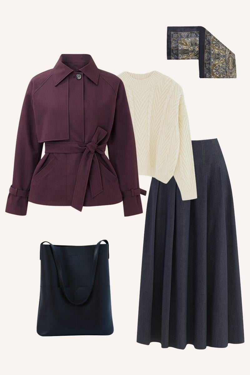 Kısa Trençkot, Kazak, Kot Etek Kombin