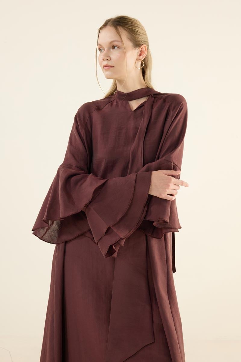 Kolları Volanlı Işıltılı Elbise Bordo