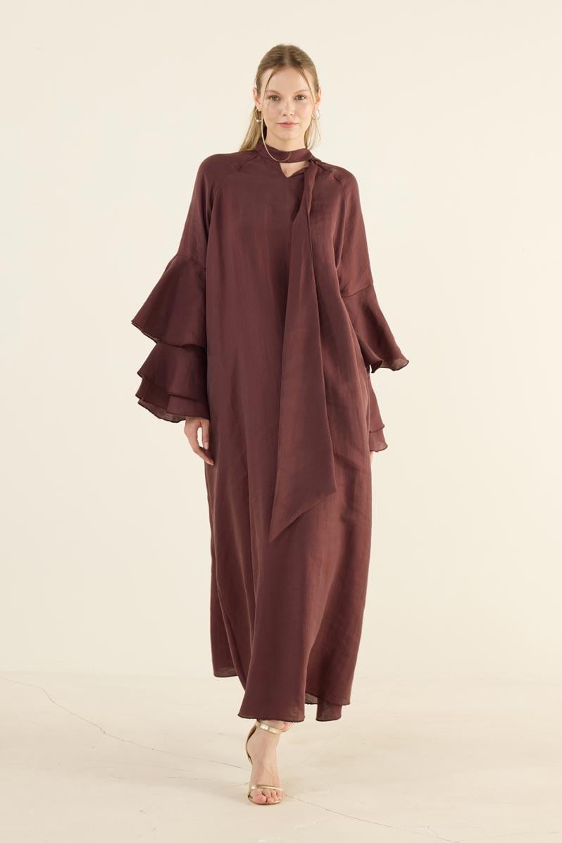 Kolları Volanlı Işıltılı Elbise Bordo