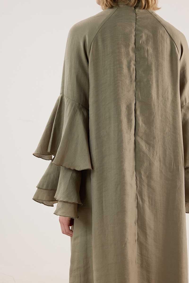 Kolları Volanlı Işıltılı Elbise Haki