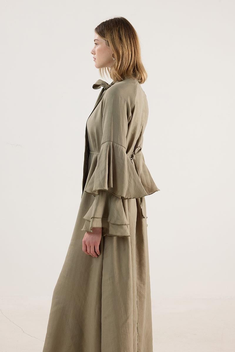 Kolları Volanlı Işıltılı Elbise Haki