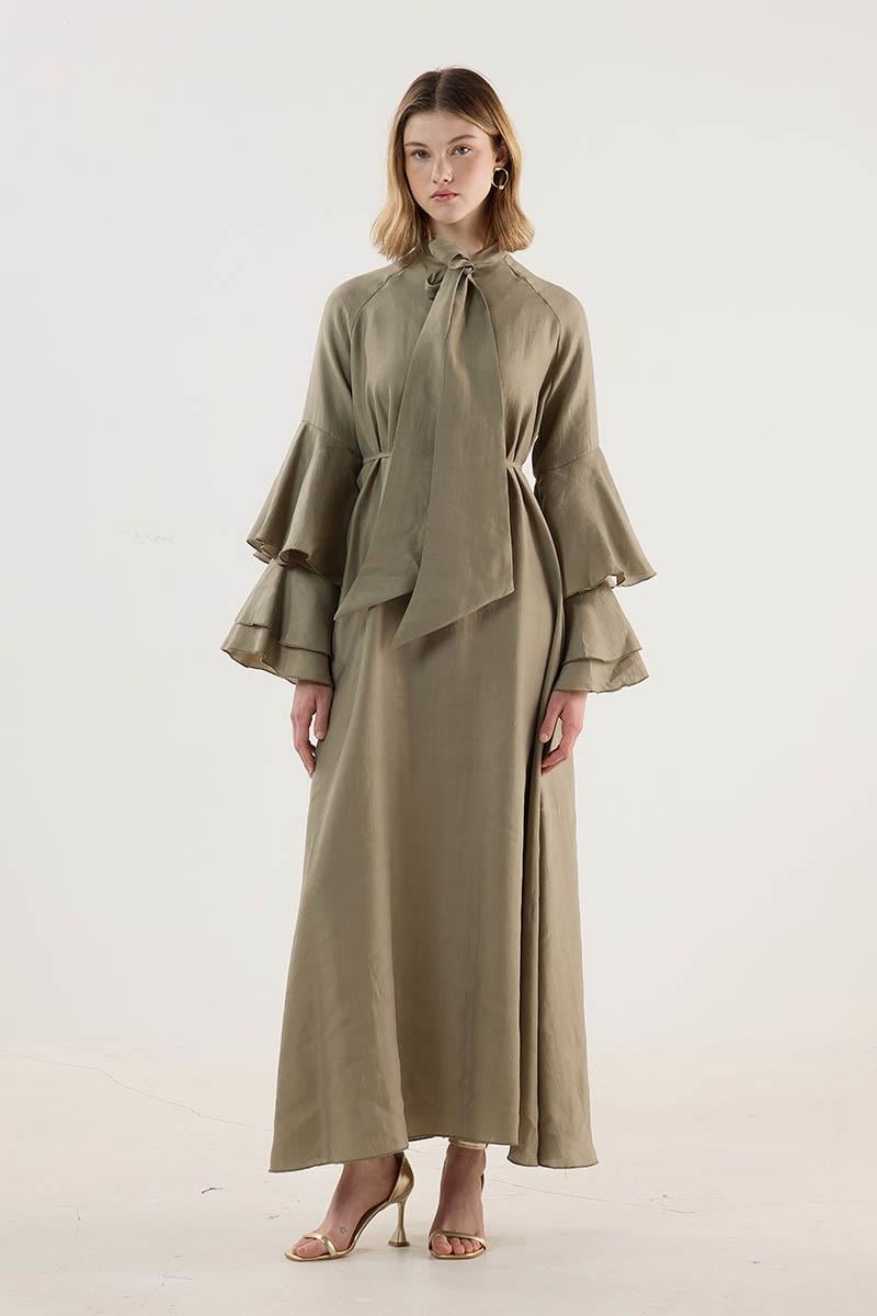 Kolları Volanlı Işıltılı Elbise Haki