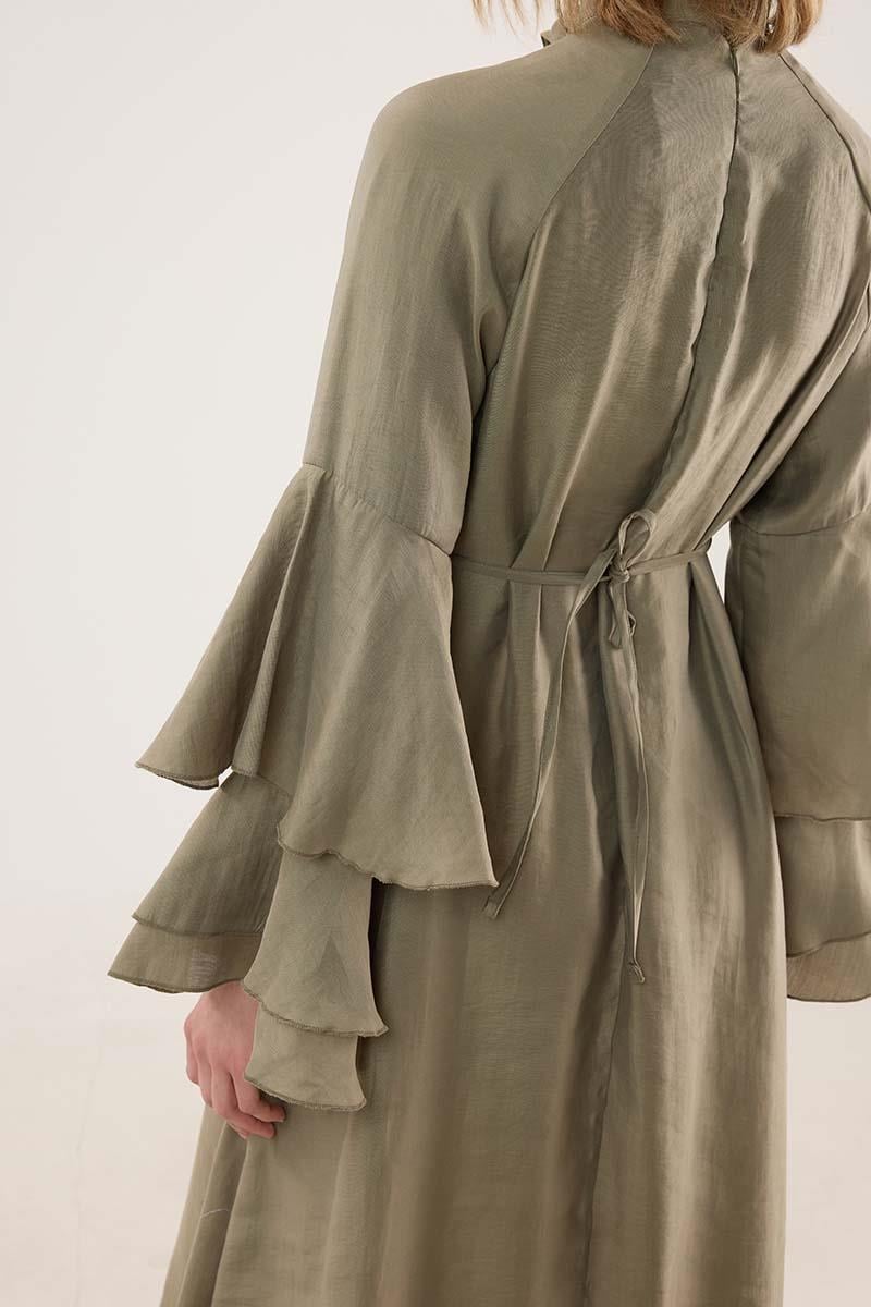 Kolları Volanlı Işıltılı Elbise Haki