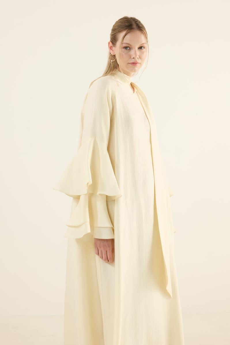 Kolları Volanlı Işıltılı Elbise Soft Sarı