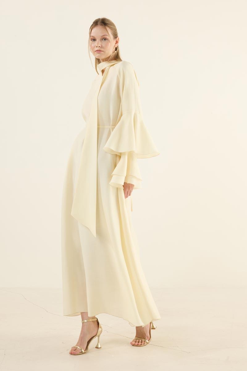 Kolları Volanlı Işıltılı Elbise Soft Sarı