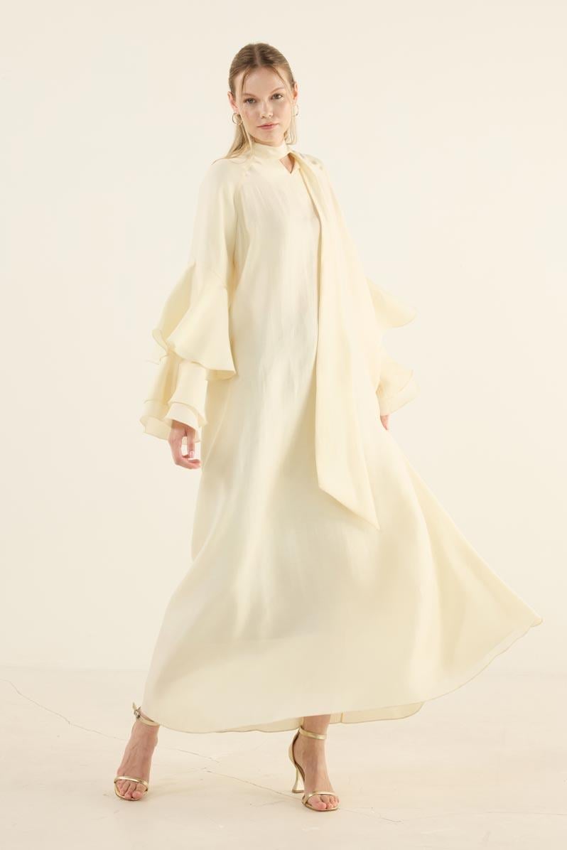 Kolları Volanlı Işıltılı Elbise Soft Sarı