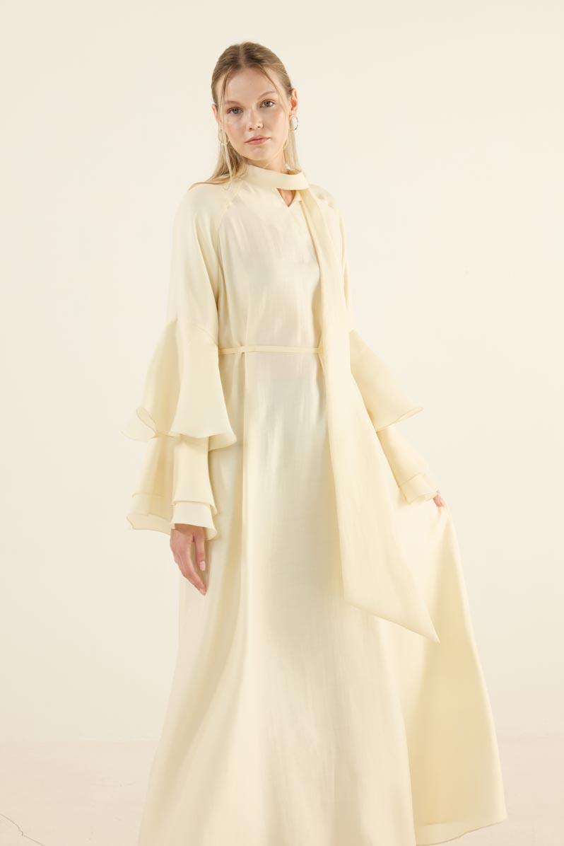 Kolları Volanlı Işıltılı Elbise Soft Sarı