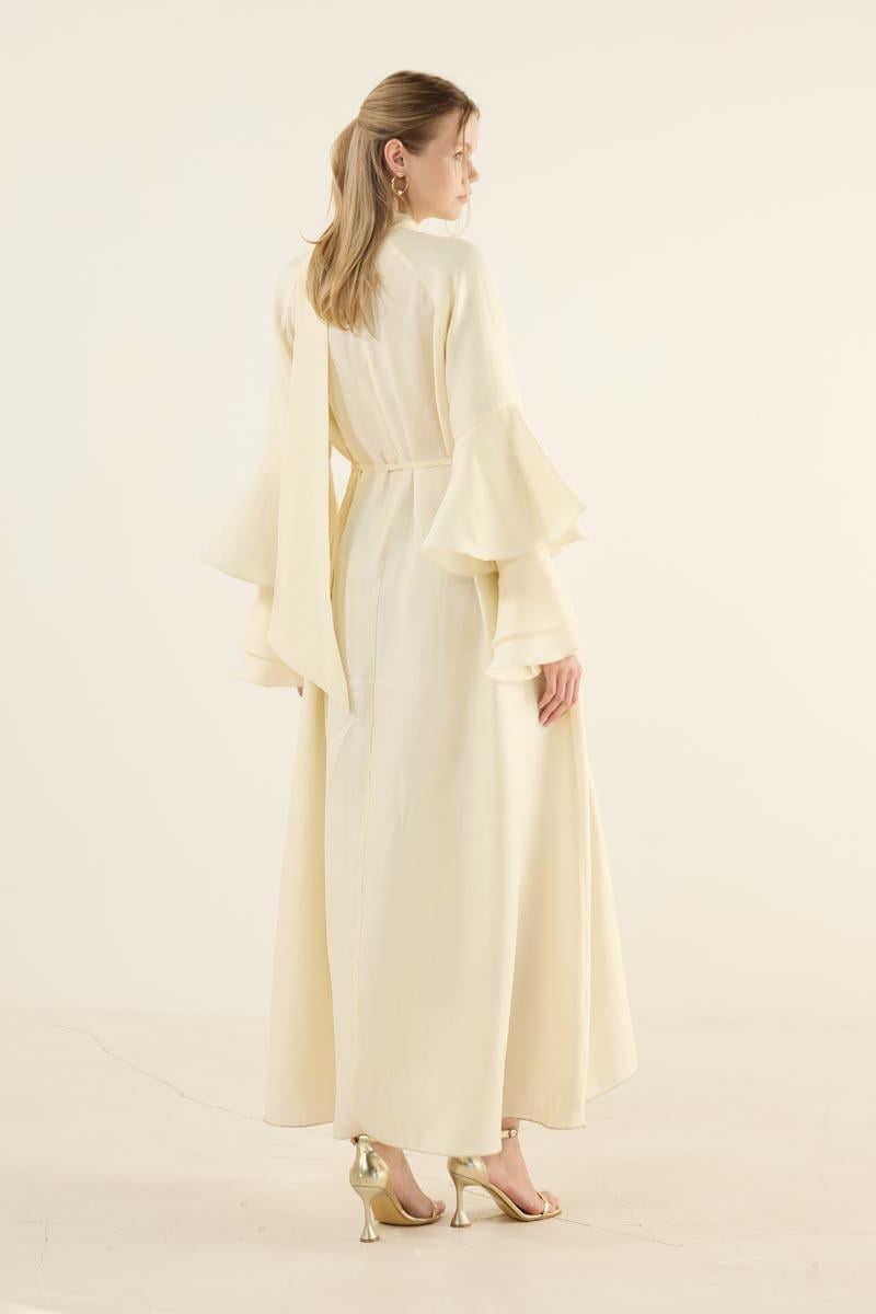 Kolları Volanlı Işıltılı Elbise Soft Sarı