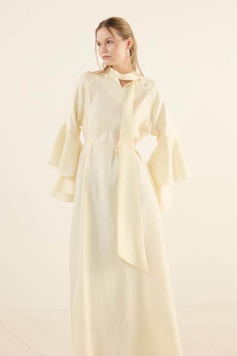 Kolları Volanlı Işıltılı Elbise Soft Sarı