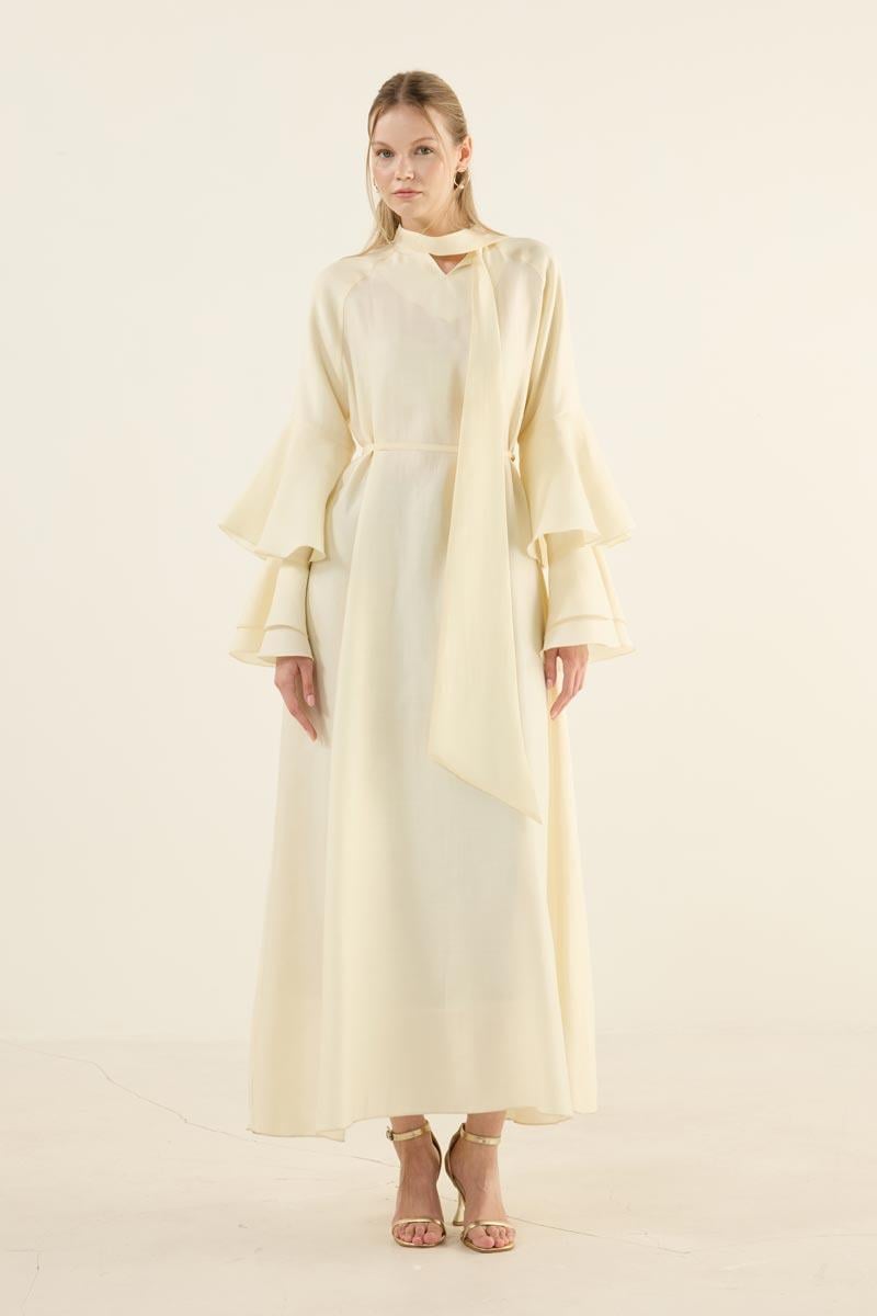 Kolları Volanlı Işıltılı Elbise Soft Sarı