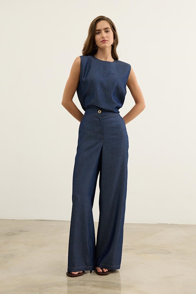 Kolsuz Tensel Denim Bluz Lacivert