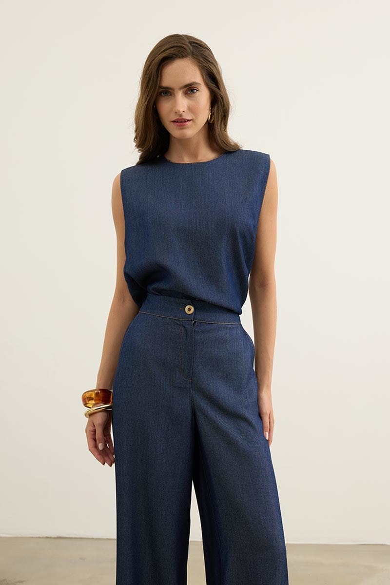 Kolsuz Tensel Denim Bluz Lacivert