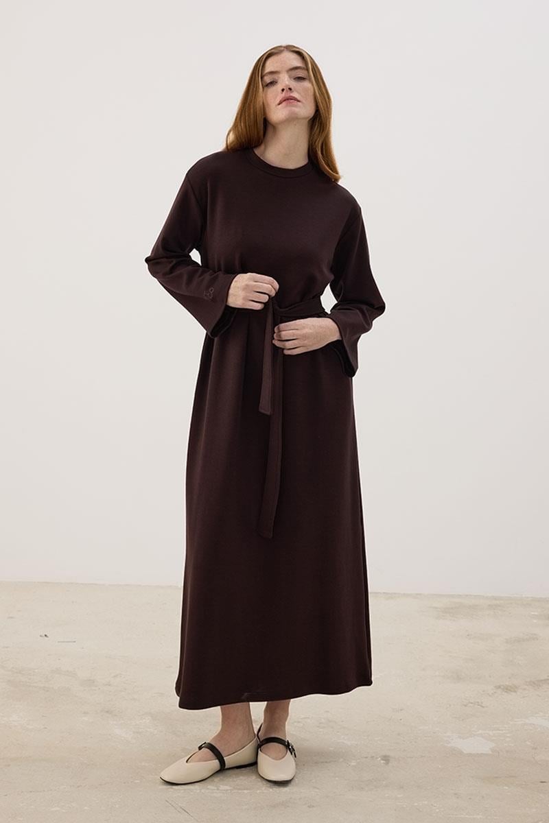 Kolu Nakışlı Sweatshirt Elbise Acı kahve