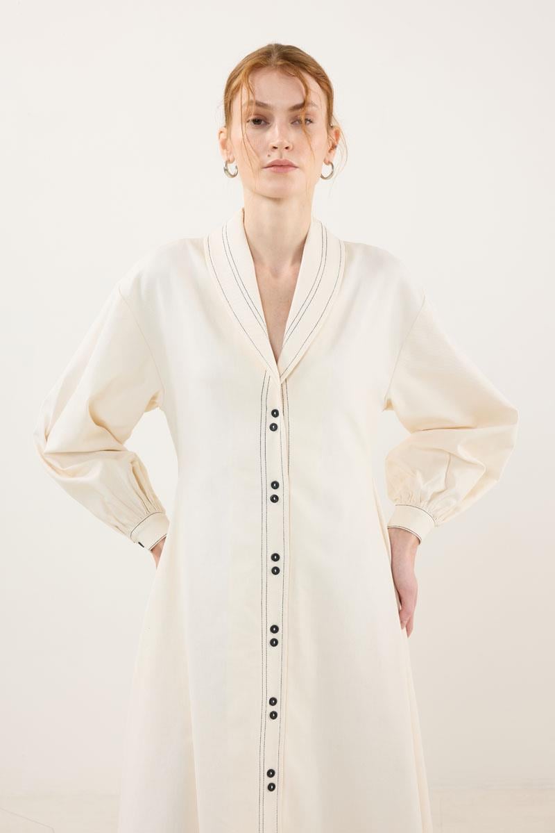 Kontrast Düğmeli Elbise Ekru