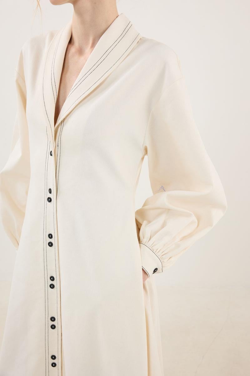 Kontrast Düğmeli Elbise Ekru