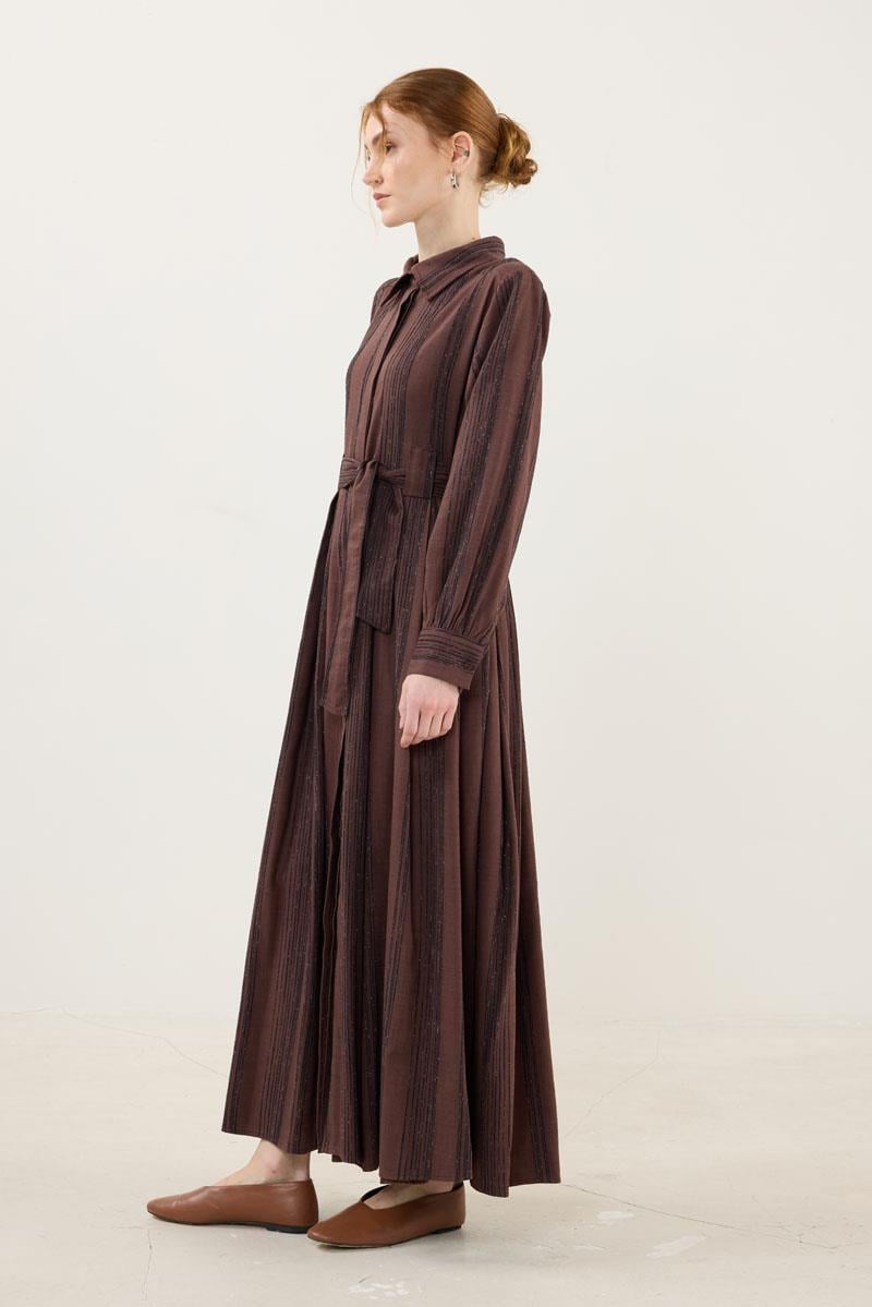 Köprü Detaylı Çizgili Elbise Acı kahve