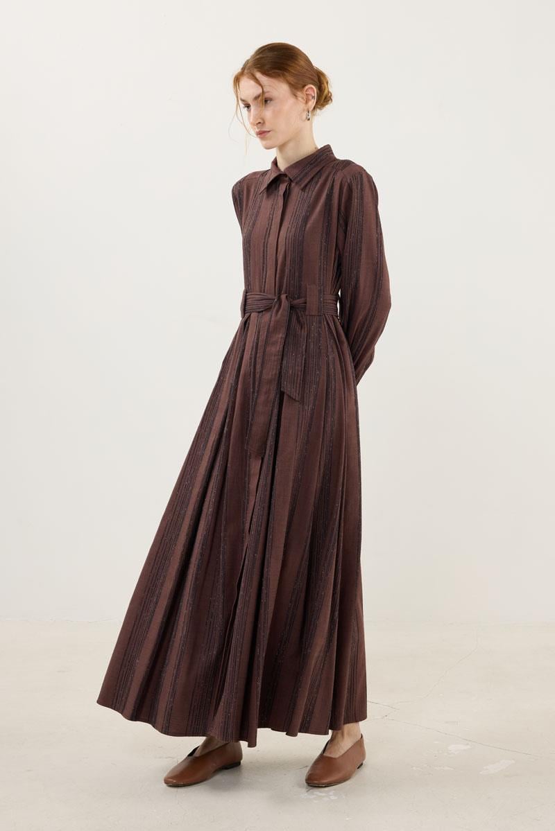 Köprü Detaylı Çizgili Elbise Acı kahve