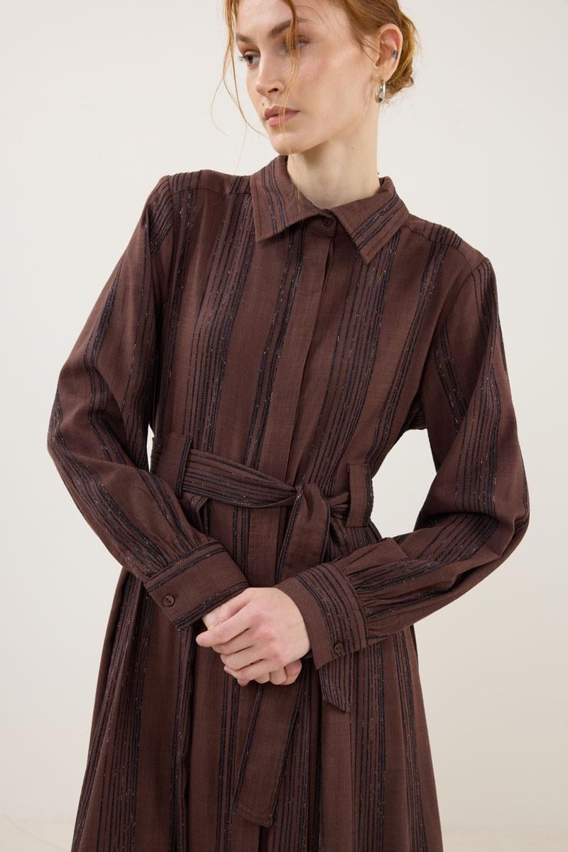 Köprü Detaylı Çizgili Elbise Acı kahve