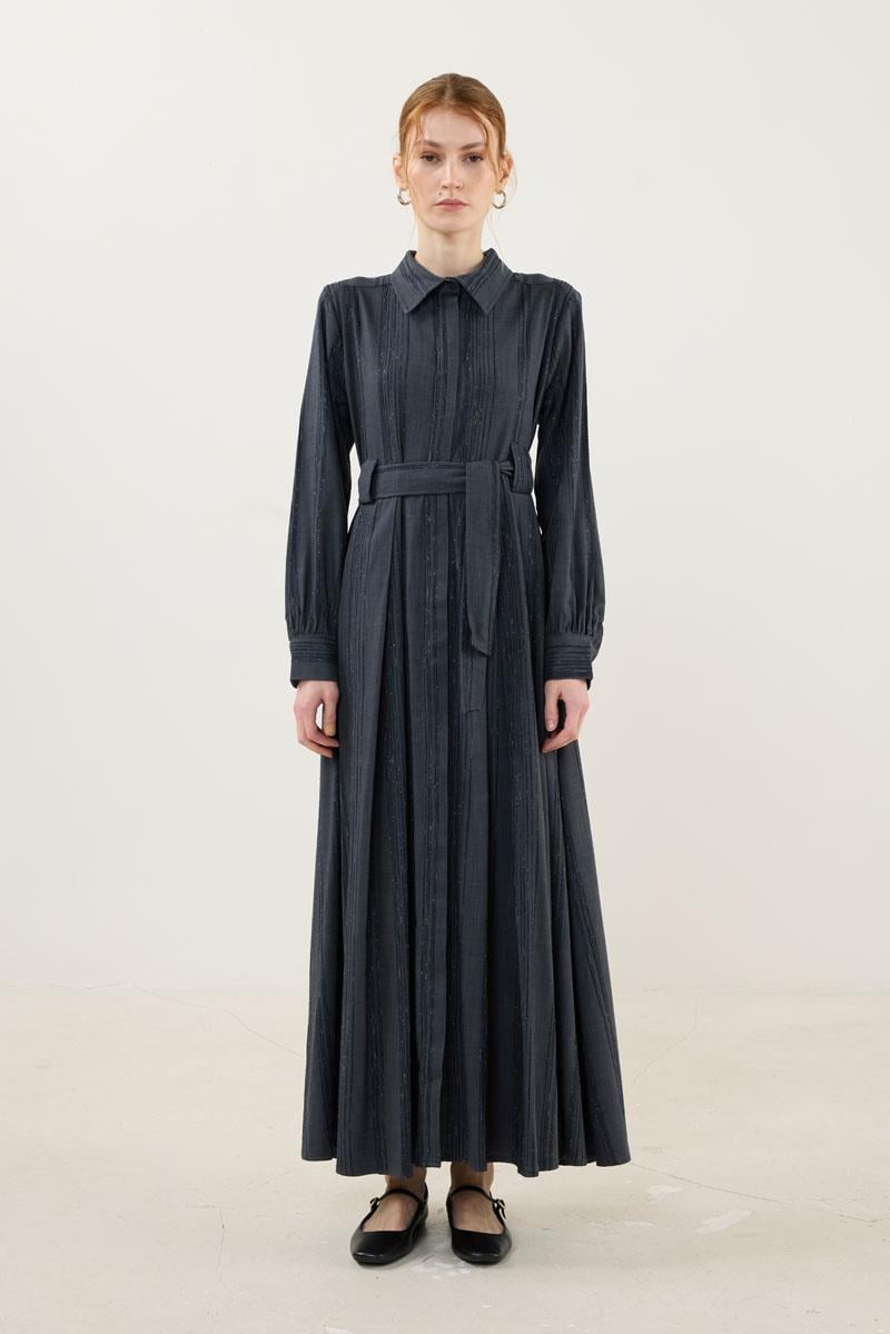 Köprü Detaylı Çizgili Elbise Füme