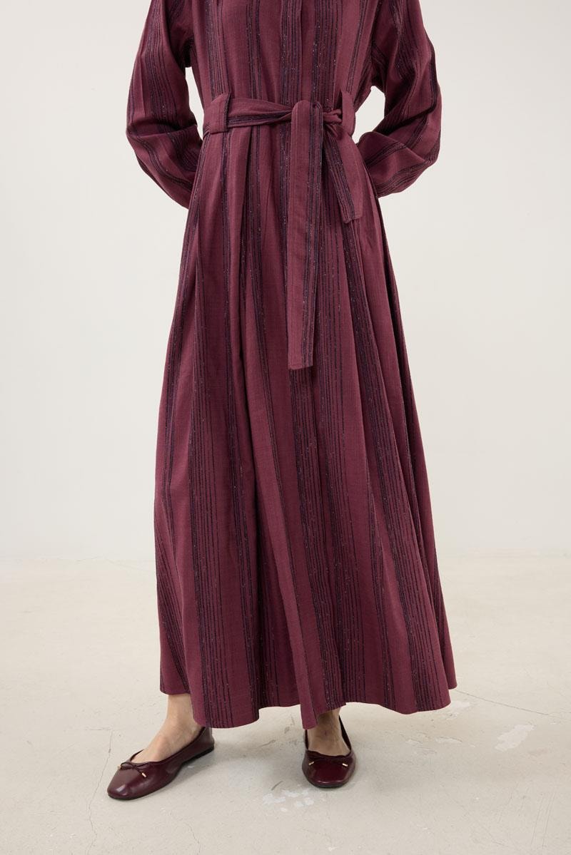 Köprü Detaylı Çizgili Elbise Mürdüm