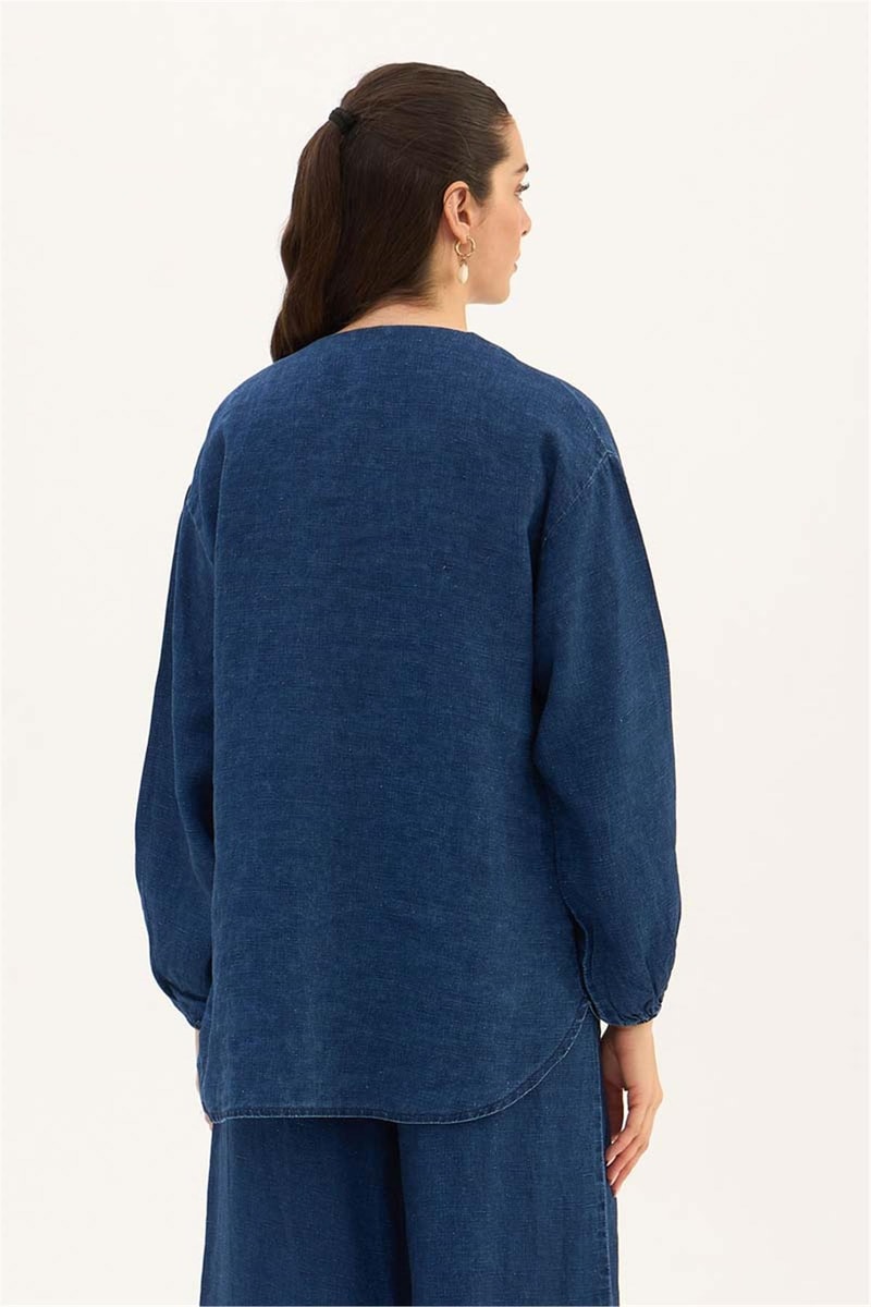 Lacivert %100 Keten Denim Bluz, Pantolon Takım
