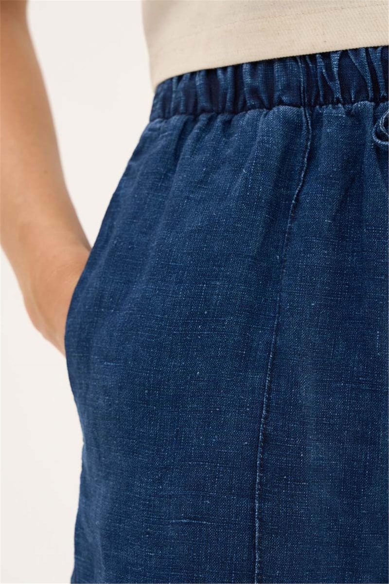 Lacivert %100 Keten Denim Bluz, Pantolon Takım