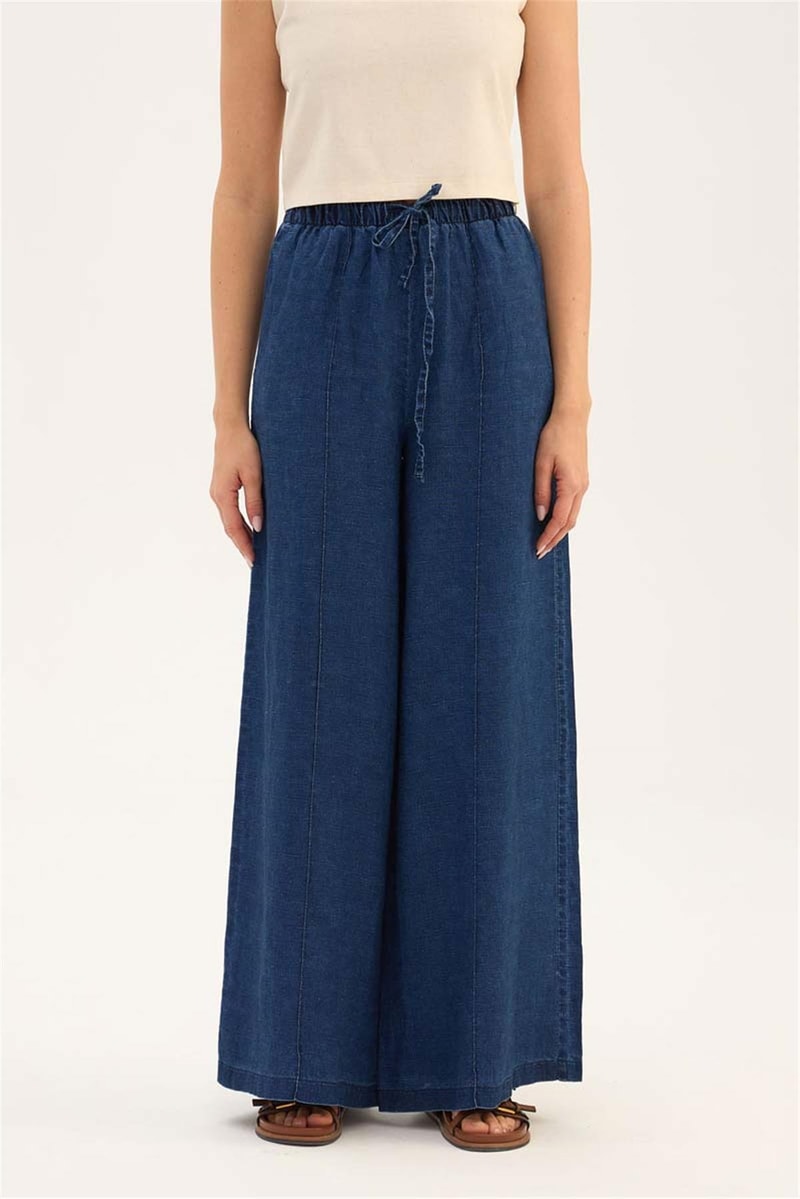 Lacivert %100 Keten Denim Bluz, Pantolon Takım