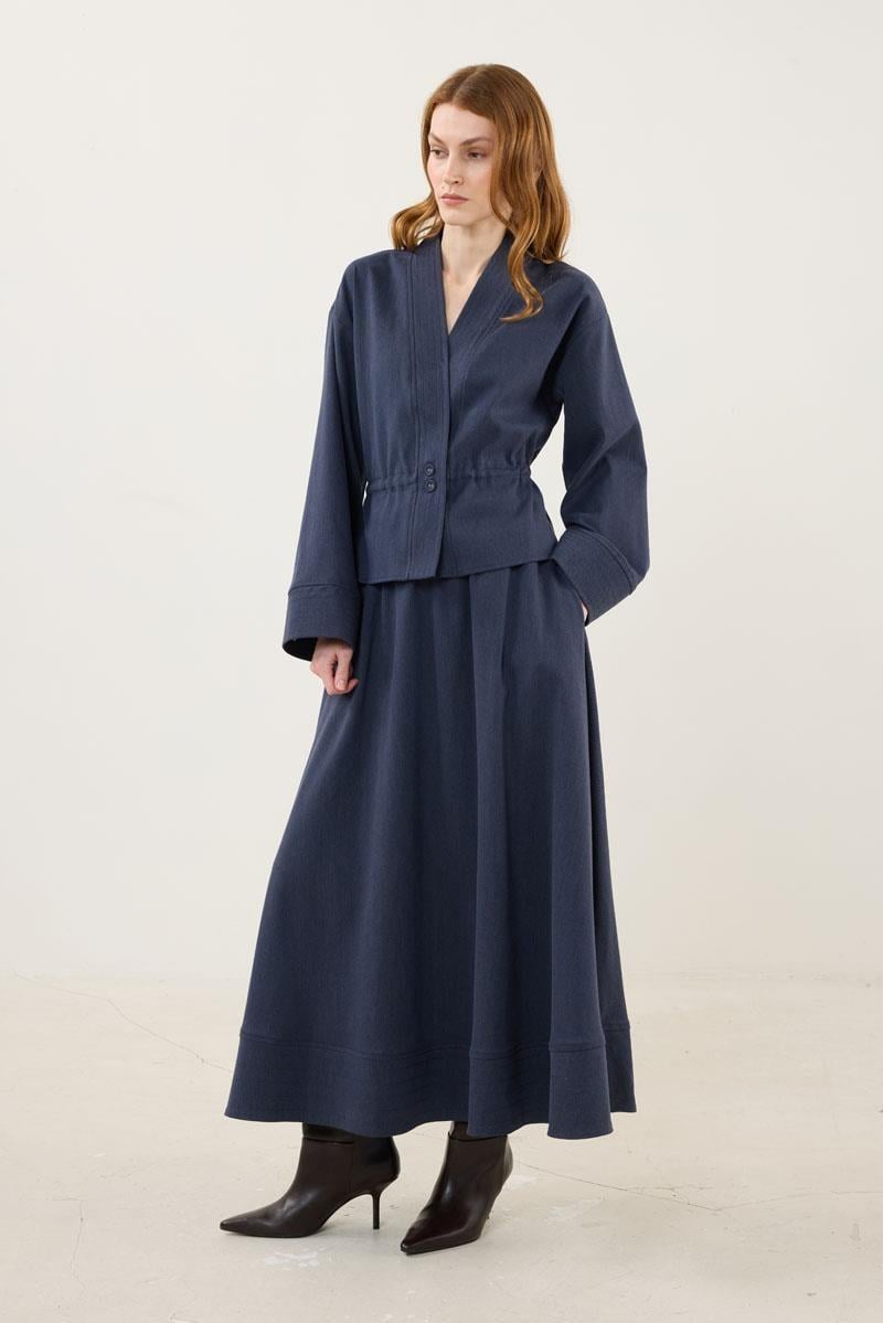 Lacivert Dikiş Detaylı Ceket Etek Takım