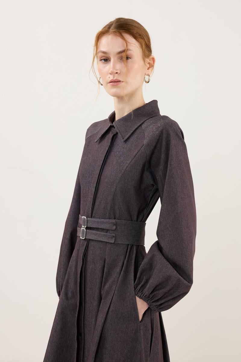 Metal Tokalı Kot Elbise Kahverengi