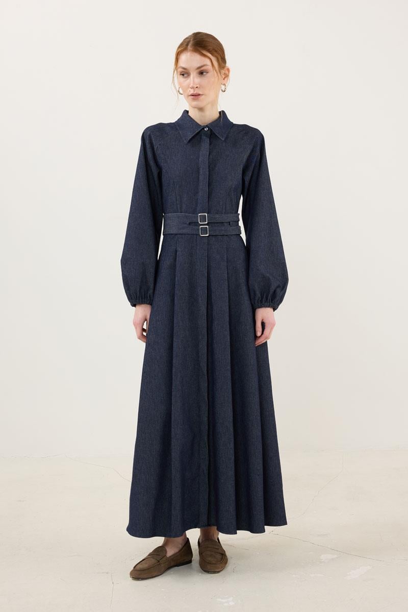 Metal Tokalı Kot Elbise Lacivert