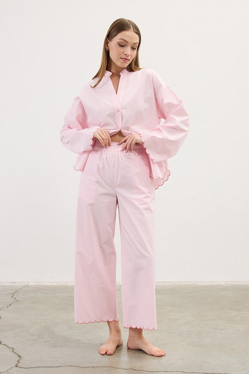Nakışlı Pamuk Pijama Altı Pudra