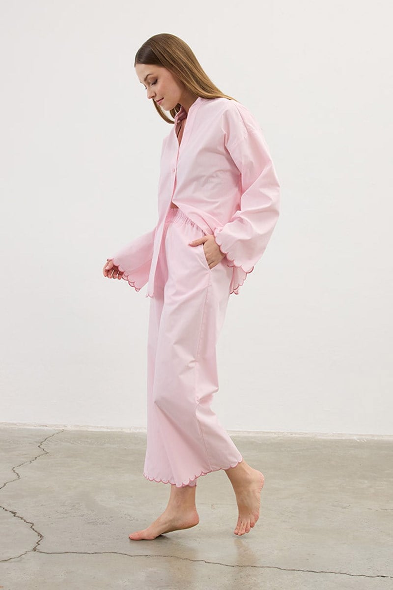Nakışlı Pamuk Pijama Altı Pudra