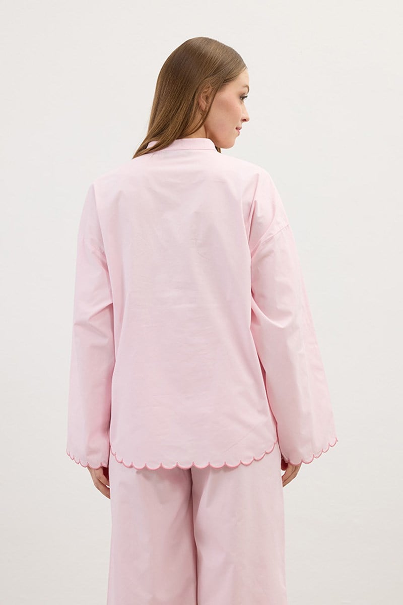 Nakışlı Pamuk Pijama Gömlek Pudra