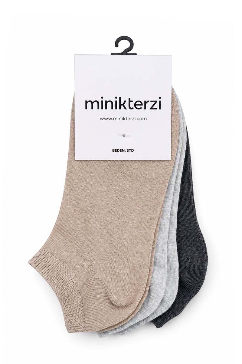 Pamuklu 3'lü Patik Çorap Seti Vizon- Gri- Antrasit