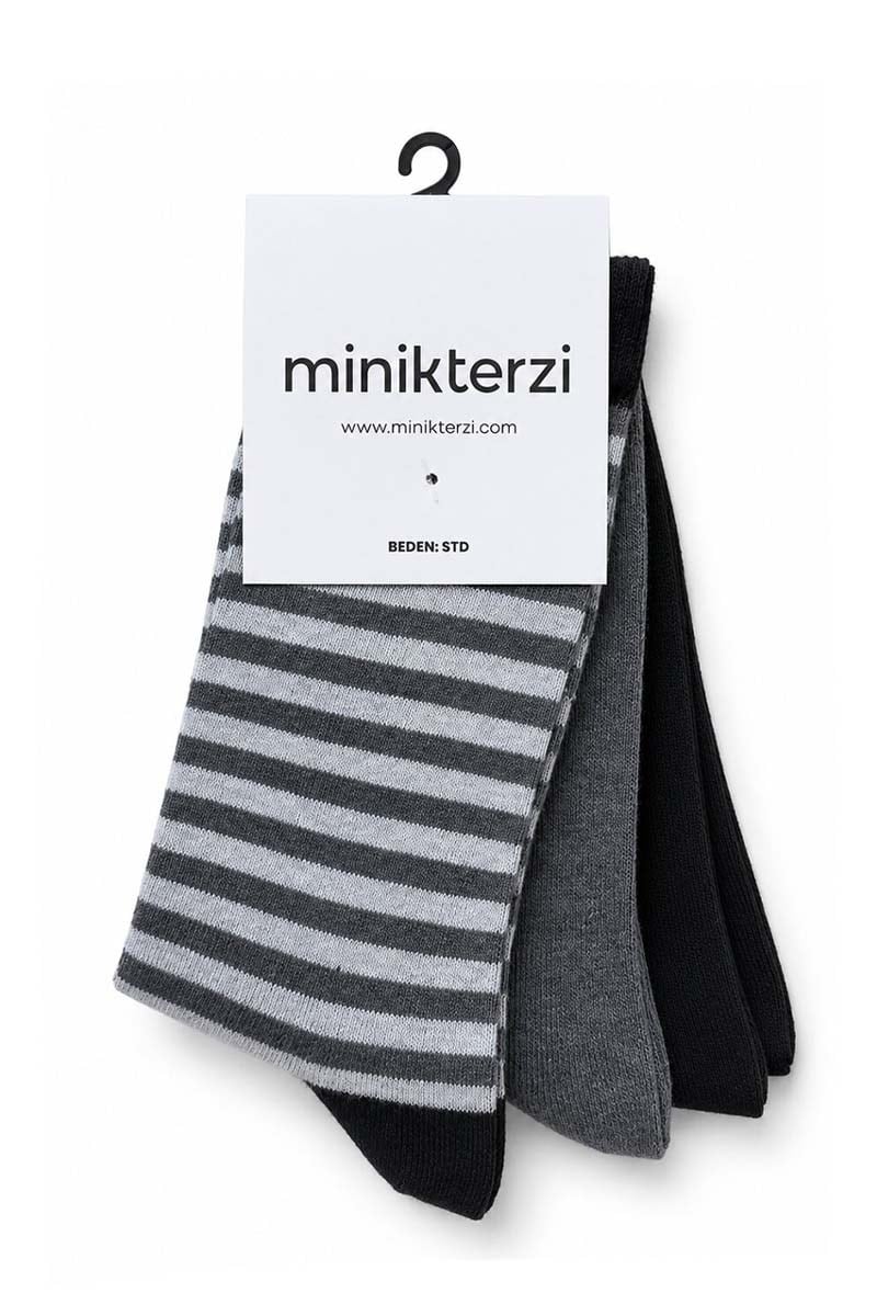 Pamuklu 3'lü Soket Çorap Seti Siyah- Antrasit- Çizgili