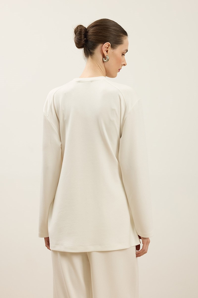 Rahat Kesim Bağlamalı Sweatshirt Ekru
