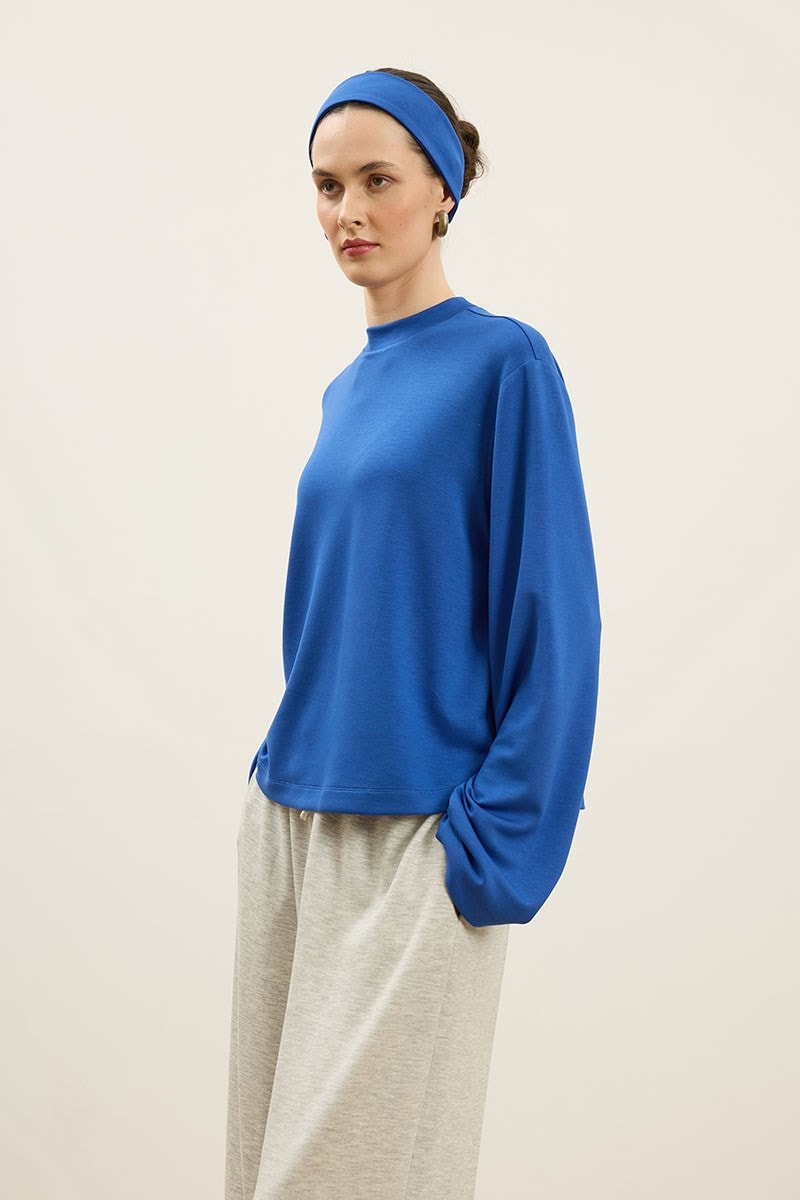 Rahat Kesim Basic Sweatshirt Kobalt Mavisi