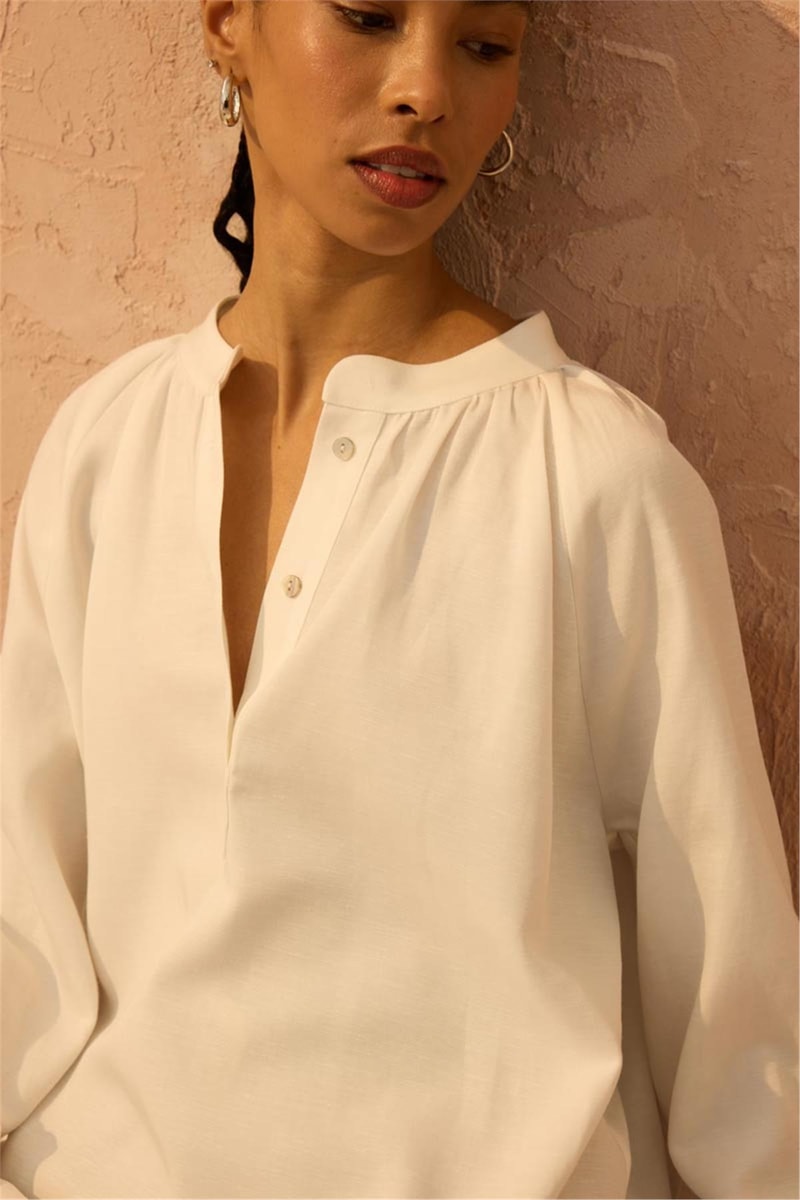 Reglan Kollu Keten Bluz Ekru