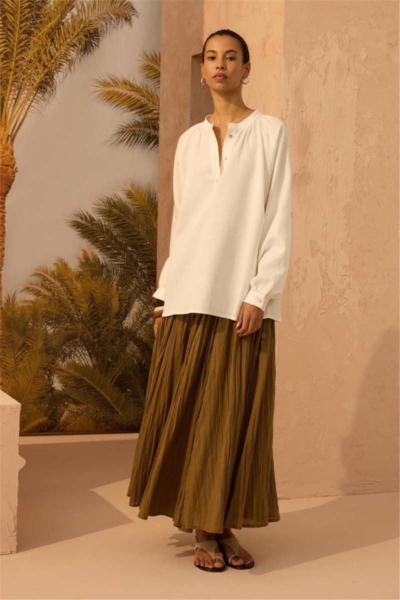 Reglan Kollu Keten Bluz Ekru