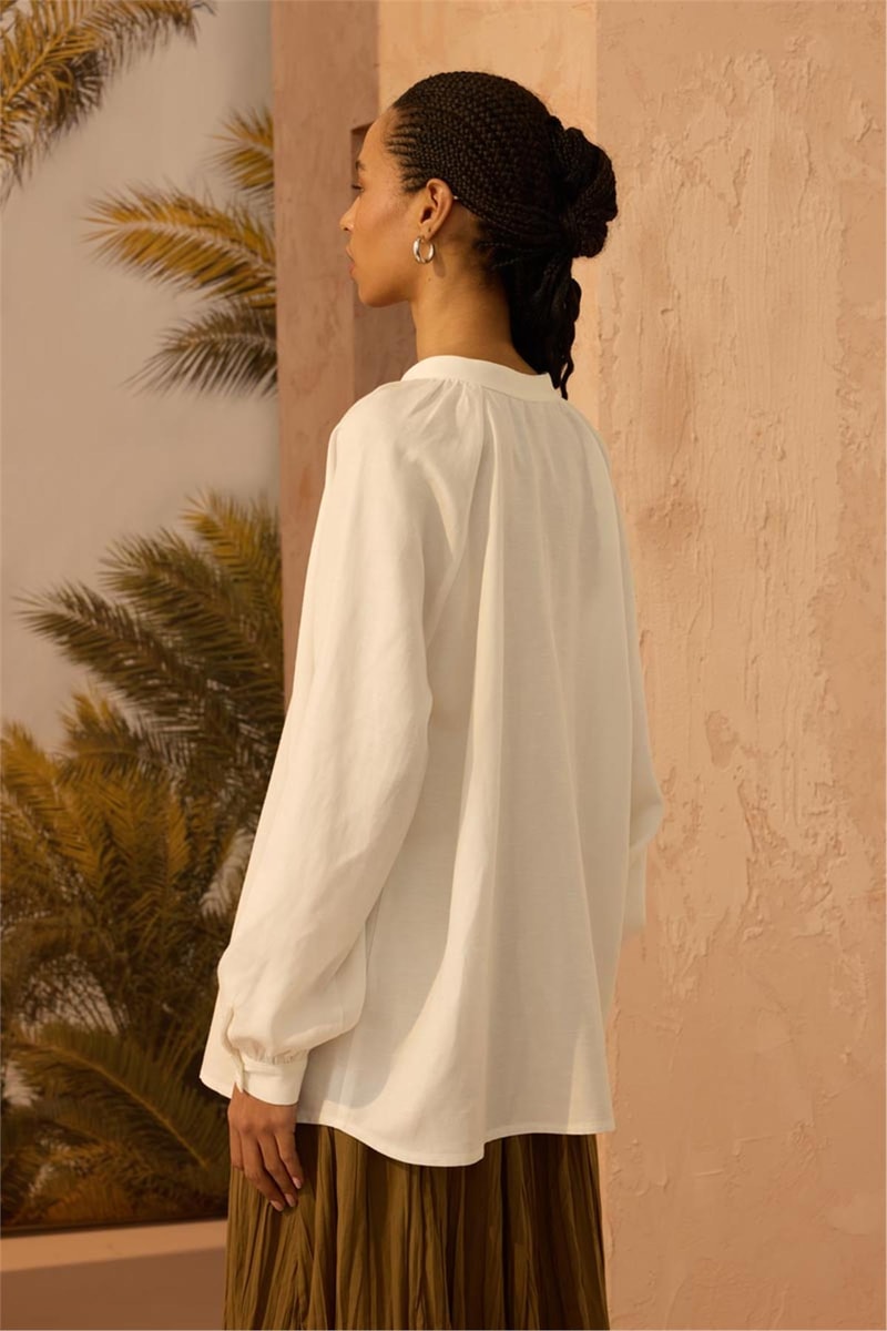 Reglan Kollu Keten Bluz Ekru