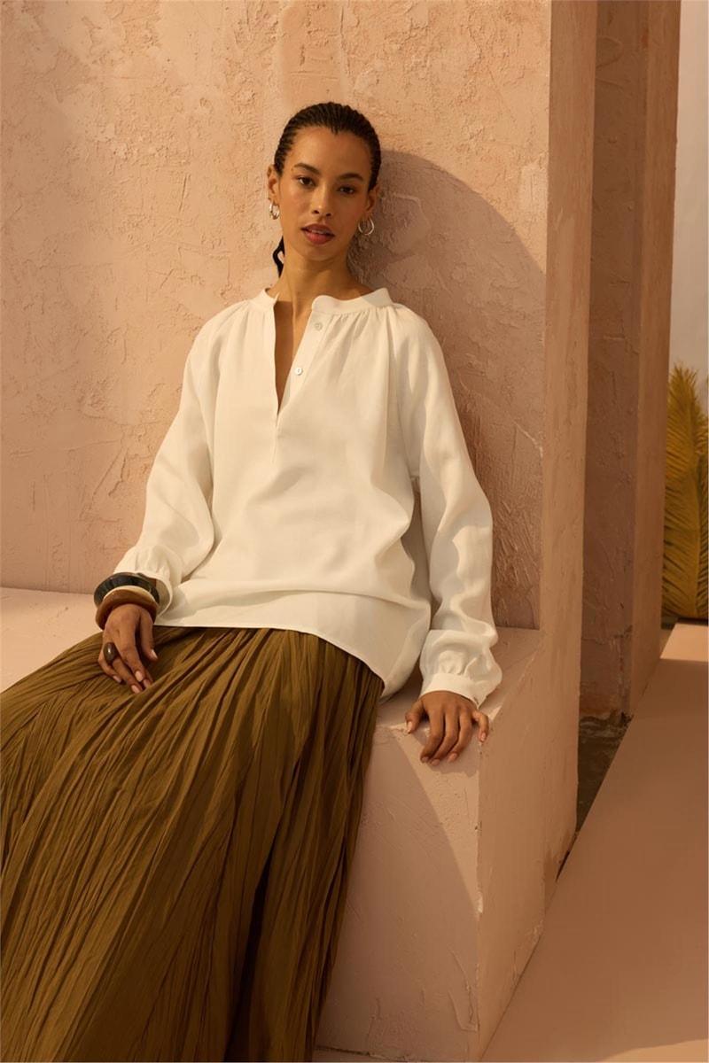 Reglan Kollu Keten Bluz Ekru