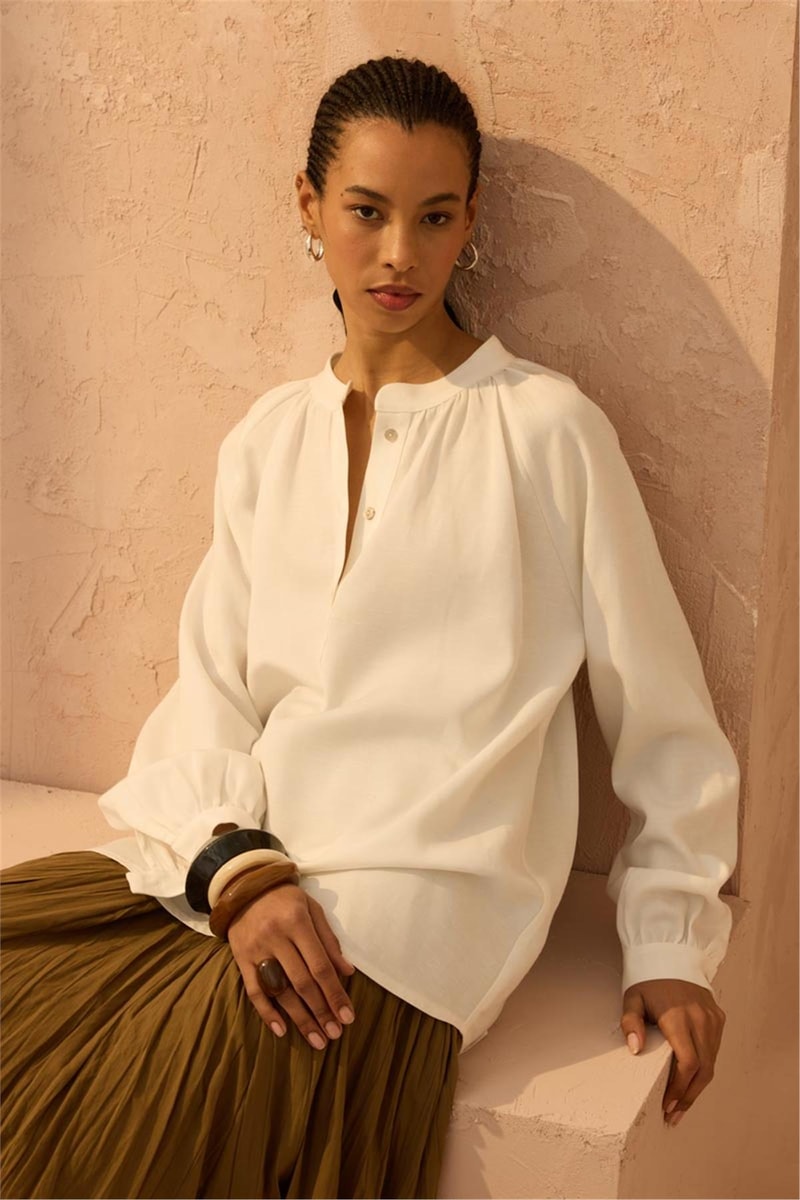 Reglan Kollu Keten Bluz Ekru