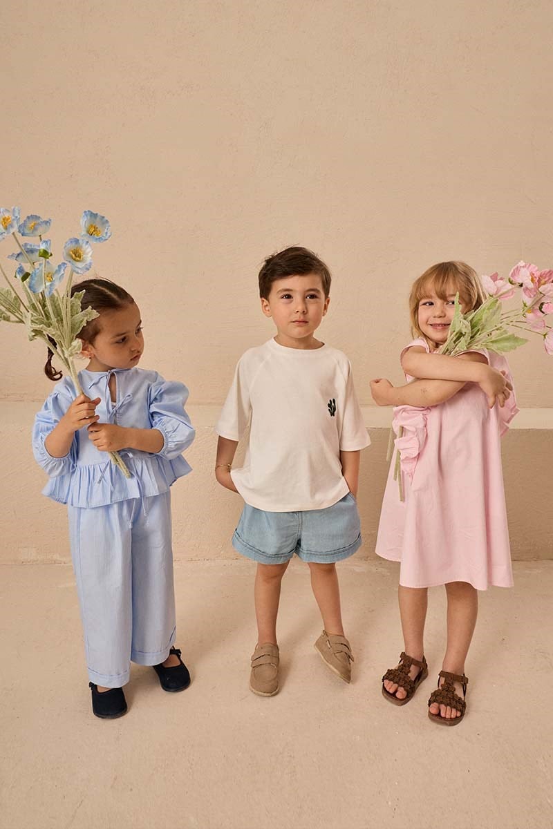 Reglan Kollu Nakışlı Çocuk Tshirt Ekru-Yosun Nakışlı