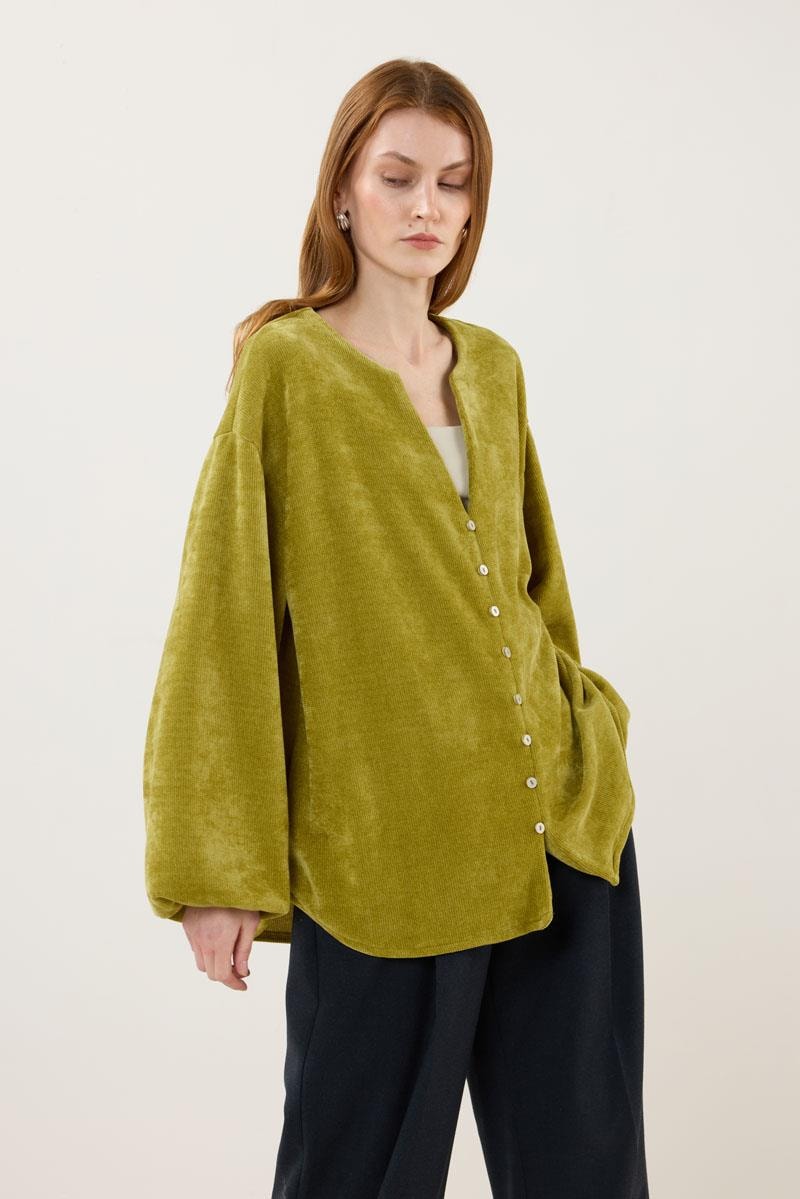 Sedef Düğmeli Kazak Asit Yeşili