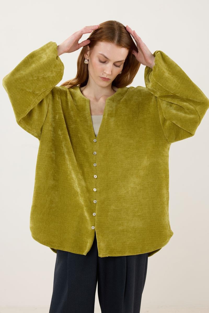 Sedef Düğmeli Kazak Asit Yeşili