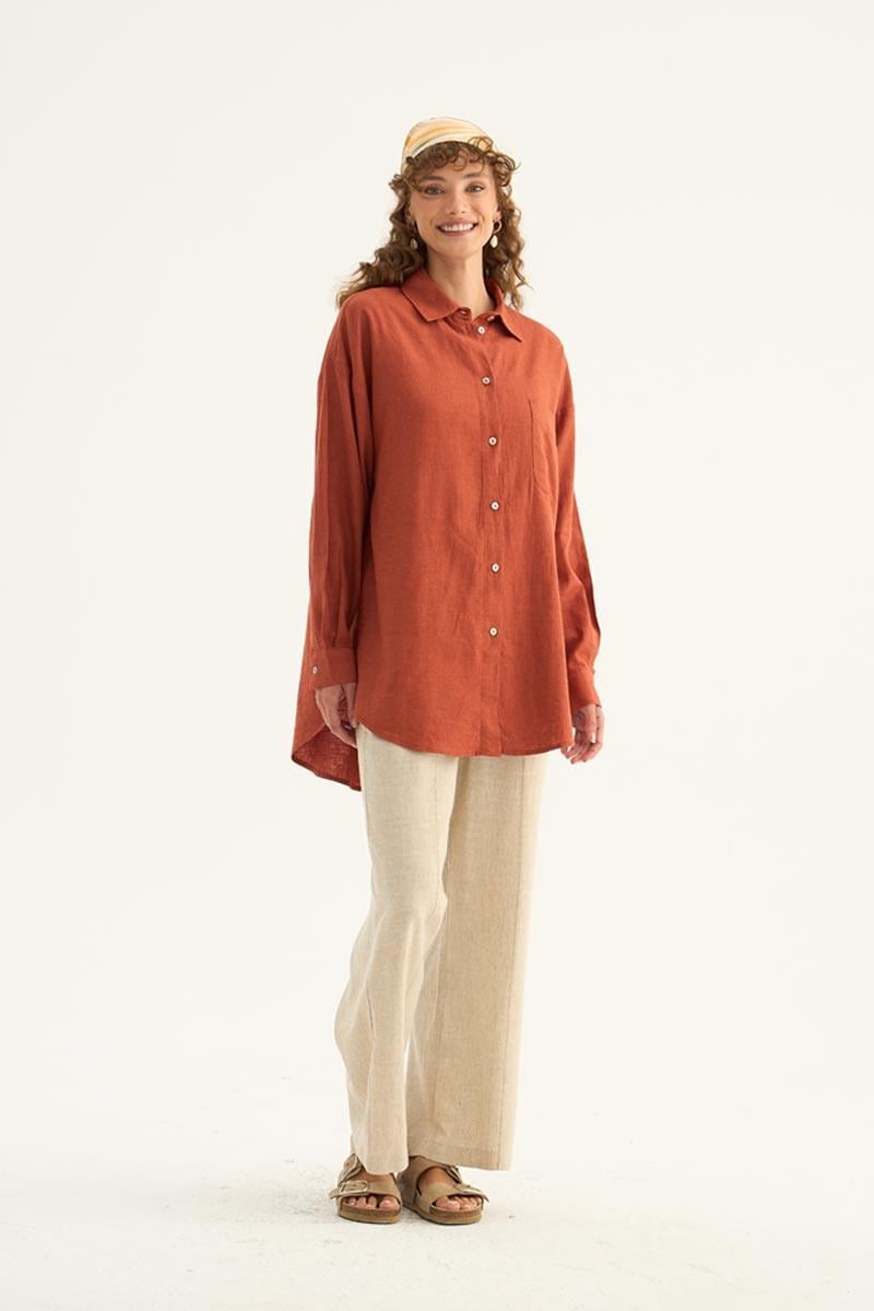 Sedef Düğmeli Keten Gömlek